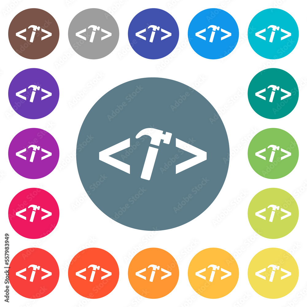 Web development with hammer flat white icons on round color backgrounds Web development with hammer flat white icons on round color backgrounds