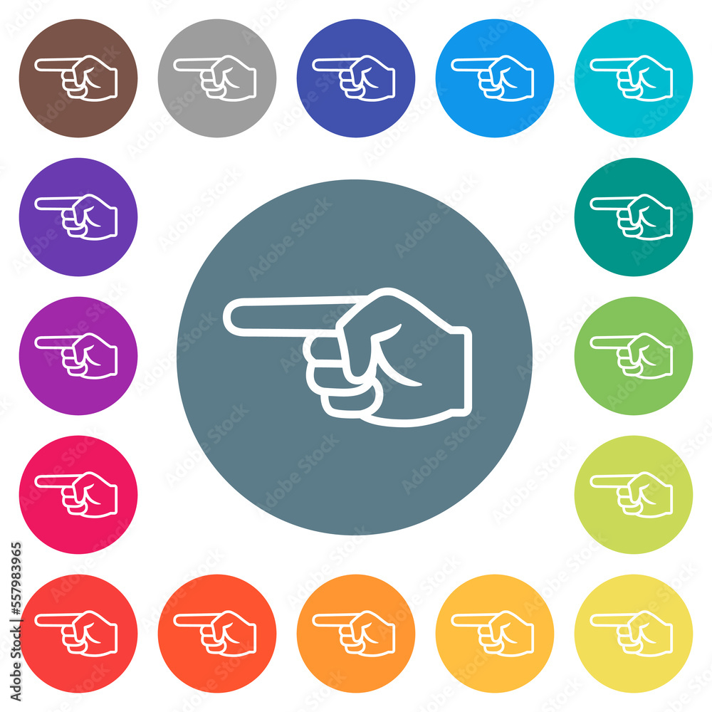 Left pointing hand outline flat white icons on round color backgrounds Left pointing hand outline flat white icons on round color backgrounds