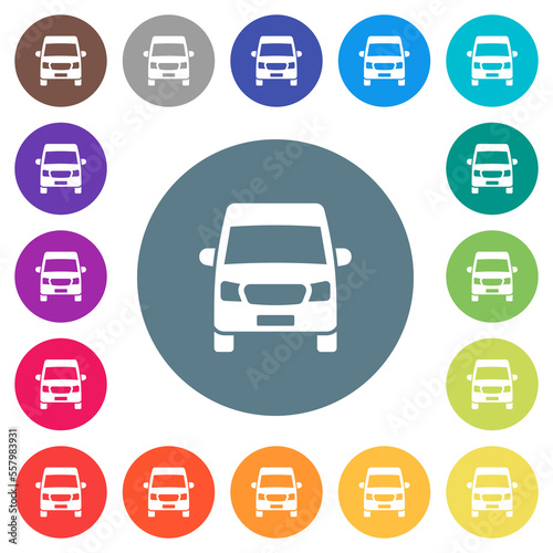 Van front view flat white icons on round color backgrounds