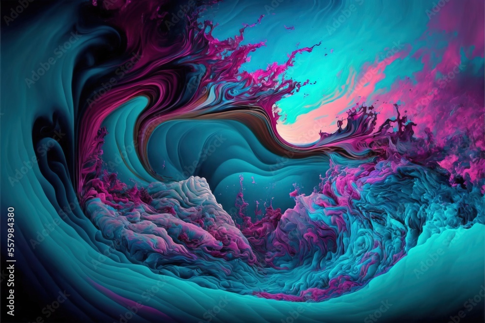 an abstract painting of a wave with pink, blue and purple colors in the ...