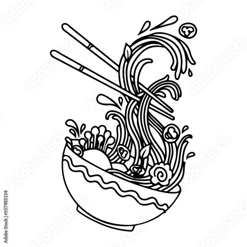 Soup with ramen noodles. Noodles. Vector illustration. Traditional Asian Japanese food in sun red circle with texture Vector illustration