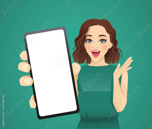Surprised beautiful woman showing blank phone screen vector illustration 