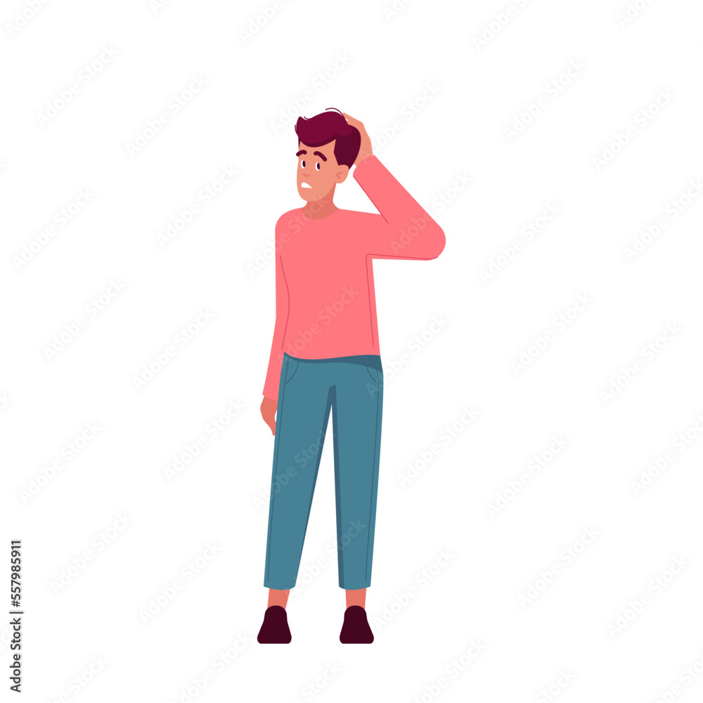 Thoughtful Male Character Think, Search Solution, Solve Difficult Task, Develop Idea, Solving Riddle. Man Scratch Head Thoughtful Male Character Think, Search Solution, Solve Difficult Task, Develop Idea, Solving Riddle. Man Scratch Head