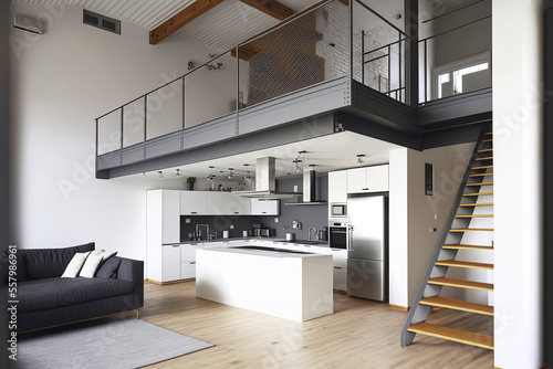 modern, mezzanine style apartment. Generative AI photo