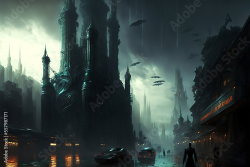 Futuristic cyberpunk city in dark colors. Concept of science fiction in the city center at night with whimsical houses, castles. Gen Art