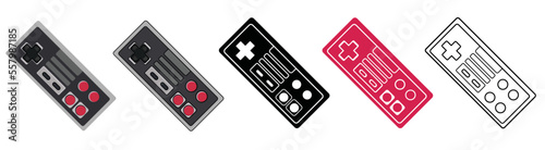 entertainment system controller set isolated on white background in color, line drawing and solid silhouette. Vector illustration for graphic use as logo or icon for web or app