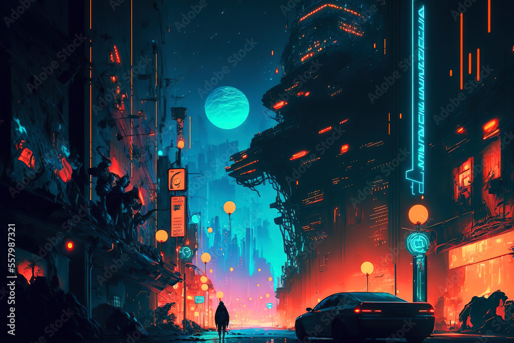 Futuristic neon cyberpunk city with the silhouette of an alien hero ...