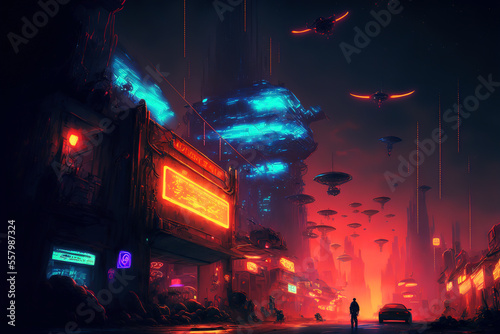 Futuristic neon cyberpunk city with the silhouette of an alien hero. Downtown sci-fi concept at night with skyscraper, highway and billboards. Gen Art  © Надежда Семироз
