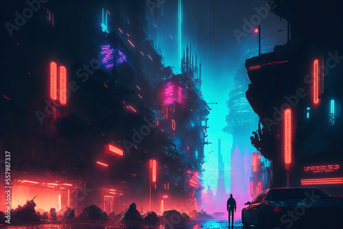 Futuristic neon cyberpunk city with the silhouette of an alien hero. Downtown sci-fi concept at night with skyscraper  highway and billboards. Gen Art 