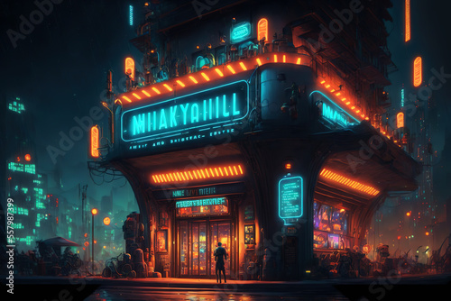 Futuristic neon cyberpunk city with the silhouette of an alien hero. Downtown sci-fi concept at night with skyscraper, highway and billboards. Gen Art