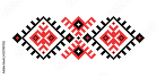 Black and red vector illustration. Isolated on white background. For tablecloth, dress, skirt, textile design.Ornament. Traditional Ukrainian folk art knitted embroidery pattern.