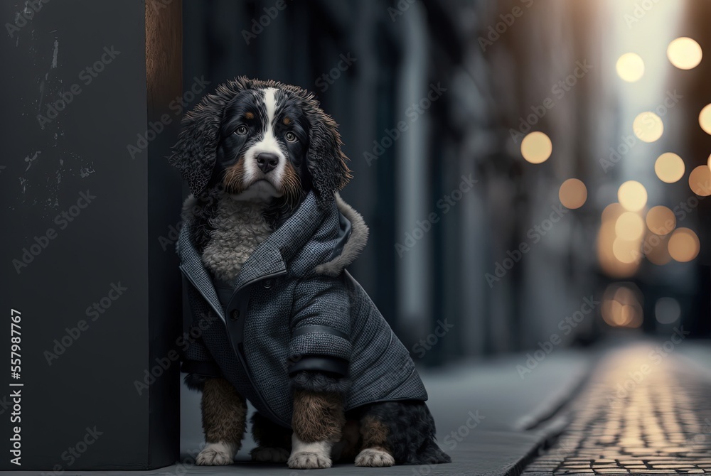 illustration of cute winter season puppy dog fashion portrait close-up shot with cityscape background 