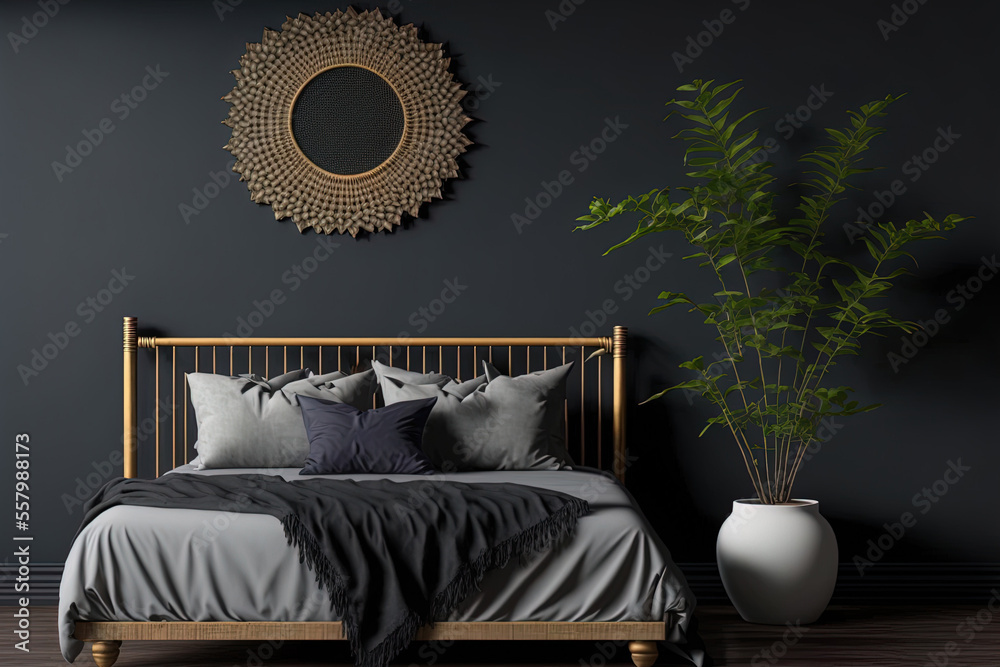 Black bedroom interior mockup, Scandinavian style, wooden rattan bed on