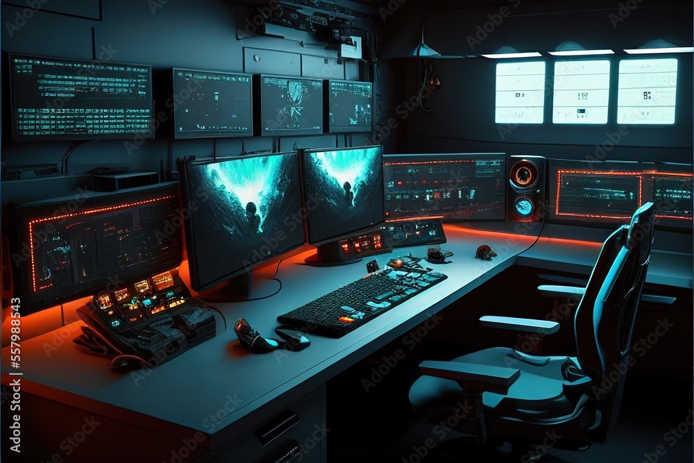 hackers computers Room, game factory laboratory . Cybersecurity, Ai Generative hackers computers Room, game factory laboratory . Cybersecurity, Ai Generative