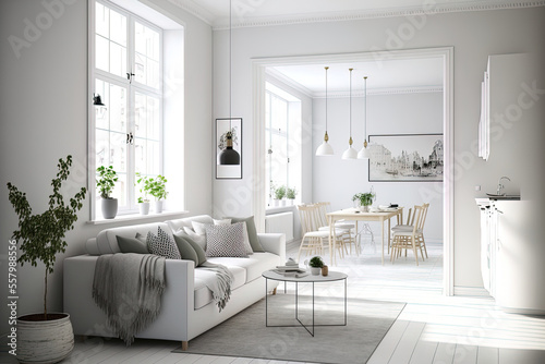 Scandinavian apartment with contemporary interior design, dining area, hall, and living room with white sofa. Creating a home. Panorama. Generative AI © 2rogan