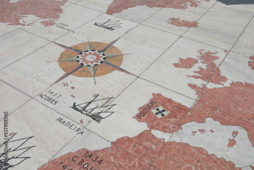 Portugal, map, compass and Age of discovery and Age of exploration. Seafaring, navigation and sailing to different continent. 