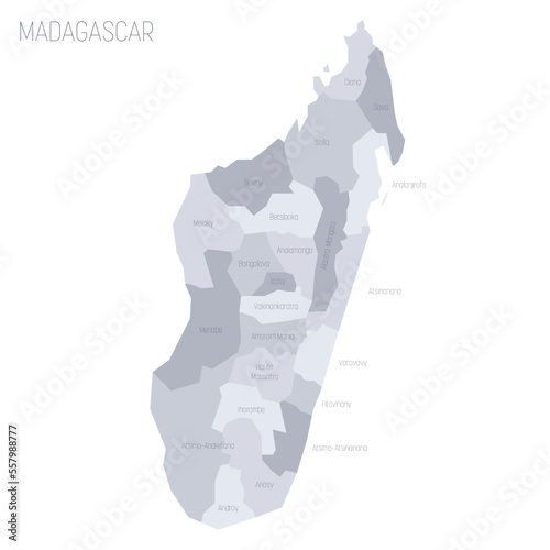 Madagascar political map of administrative divisions - regions. Grey vector map with labels.