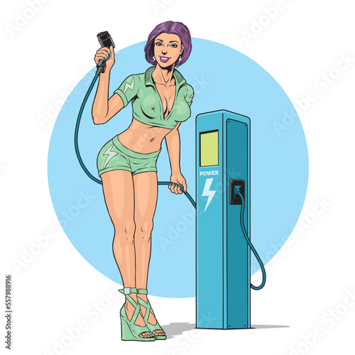 Pinup girl holding charger plug and cable at electric charging station. Girl standing near power supply for electric car. Green eco transportation technology. Comic style vector illustration.
