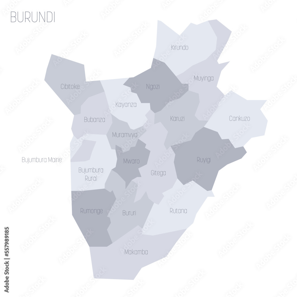 Burundi political map of administrative divisions - provinces. Grey vector map with labels.