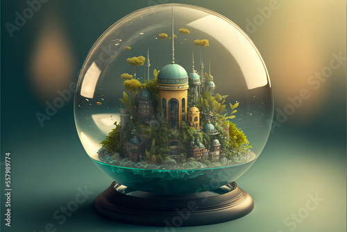 Steampunk glass globe eco friendly cities - Created with Generative Ai Technology