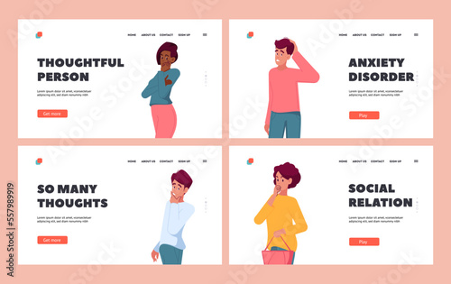 Thoughtful People Landing Page Template Set. Pensive Characters with Questions Searching Solution Vector Illustration