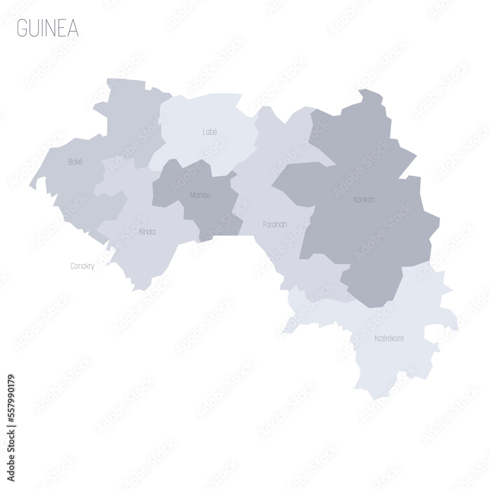 Guinea political map of administrative divisions - regions. Grey vector map with labels.