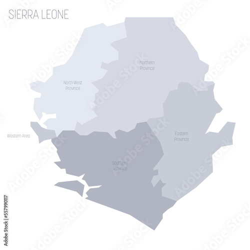 Sierra Leone political map of administrative divisions - provinces and one area. Grey vector map with labels.