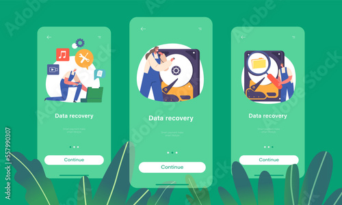 Data Recovery Mobile App Page Onboard Screen Template. Characters Fixing Data And Information Storage, Backup