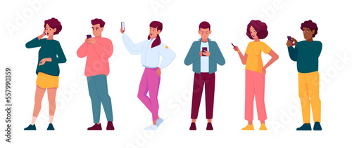 People With Phones, Male And Female Characters Communicate Via Smartphones. Young Men And Women Holding Mobiles