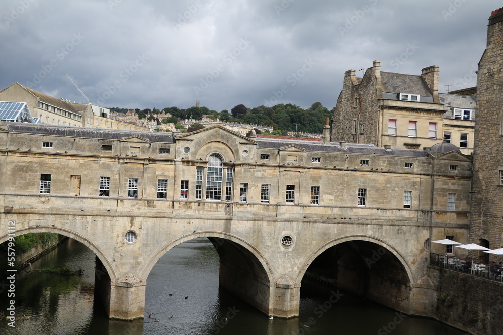 View to Pulteney bridge at the Avon River in Bath, England Great Britain