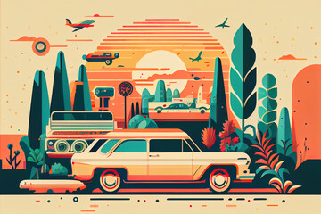 Glasbilder Sammlungen  Bright design in the spirit of 80-90 years. Retro car on the background of the city and palm trees. Illustrations in vintage style. Gen Art  © Надежда Семироз