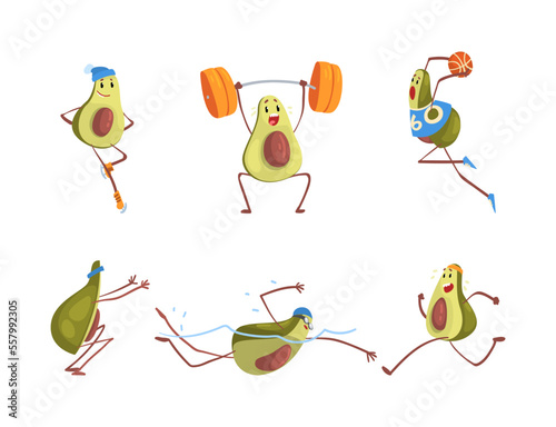 Funny avocado characters doing sports set. Funny fruit skating, playing basketball, lifting barbell, swimming, running cartoon vector illustration