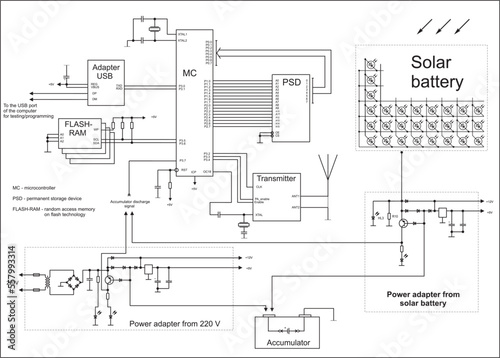 Vector drawing of the electrical functional circuit of an electronic device operating under the control of a microcontroller. The device is powered by a solar battery. Alternative energy source.
