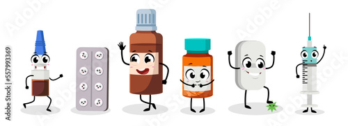 Set of cute medicines in cartoon style. Vector illustration of funny colored characters of medicines: drops, pills, syrup, syringe with different emotions and poses isolated on white background.