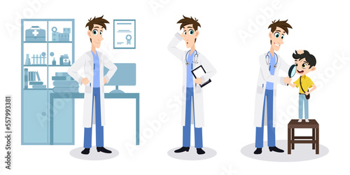 Vector illustration of a doctor isolated on white background. Cartoon character of a doctor in medical clothes and with a stethoscope is examining a child in the office.