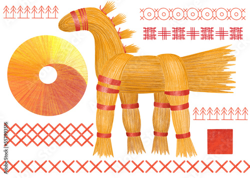 Strawy horse and ornament hand draw in colored pencils