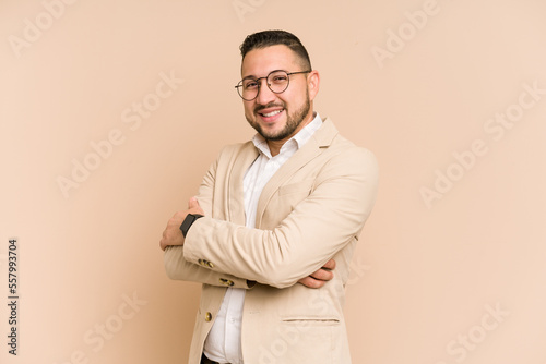 Adult latin business man cut out isolated happy, smiling and cheerful.