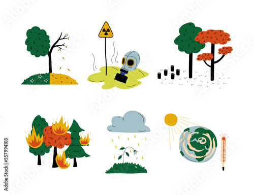 Ecological problems set. Drought, global warming, fire, toxic rain cartoon vector illustration