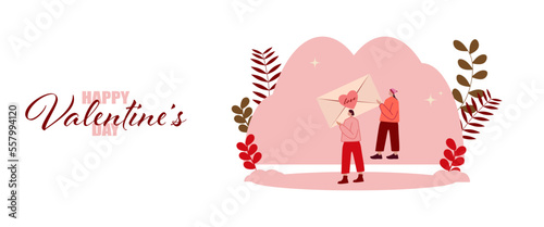 Card, poster or loading page for Valentine's Day, with people holding the symbol of this holiday.