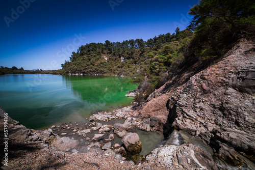 Rotorua strange green lake, weird and unique landscape, geothermal activity, volcanic landforms, hot pools and lakes North Island New Zealand