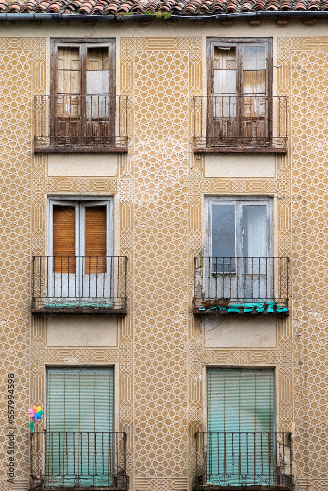 Segovia, España. April 28, 2022: Architecture and facade with sgraffito technique in Segovia.
