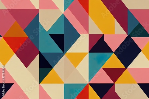 Abstract modern pattern design using geometric patterns and primary colors. Useful as a fashion texture, album print, online design element, branding presentation element, and so forth. Generative AI