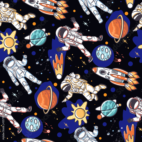 Open space, astronauts and planets. Seamless pattern with hand drawn vector illustrations with cosmos theme 