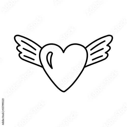 Cute doodle red heart with wing clipart. Hand drawn doodle illustration. 