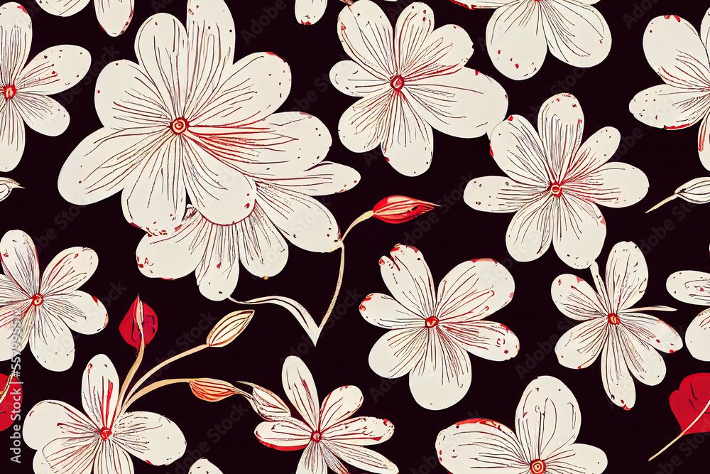 Pattern of red and white ditsy flowers, drawn by hand. Seamless. flower repeating pattern. Ditsy pattern in a dingy calico fabric. Generative AI Pattern of red and white ditsy flowers, drawn by hand. Seamless. flower repeating pattern. Ditsy pattern in a dingy calico fabric. Generative AI