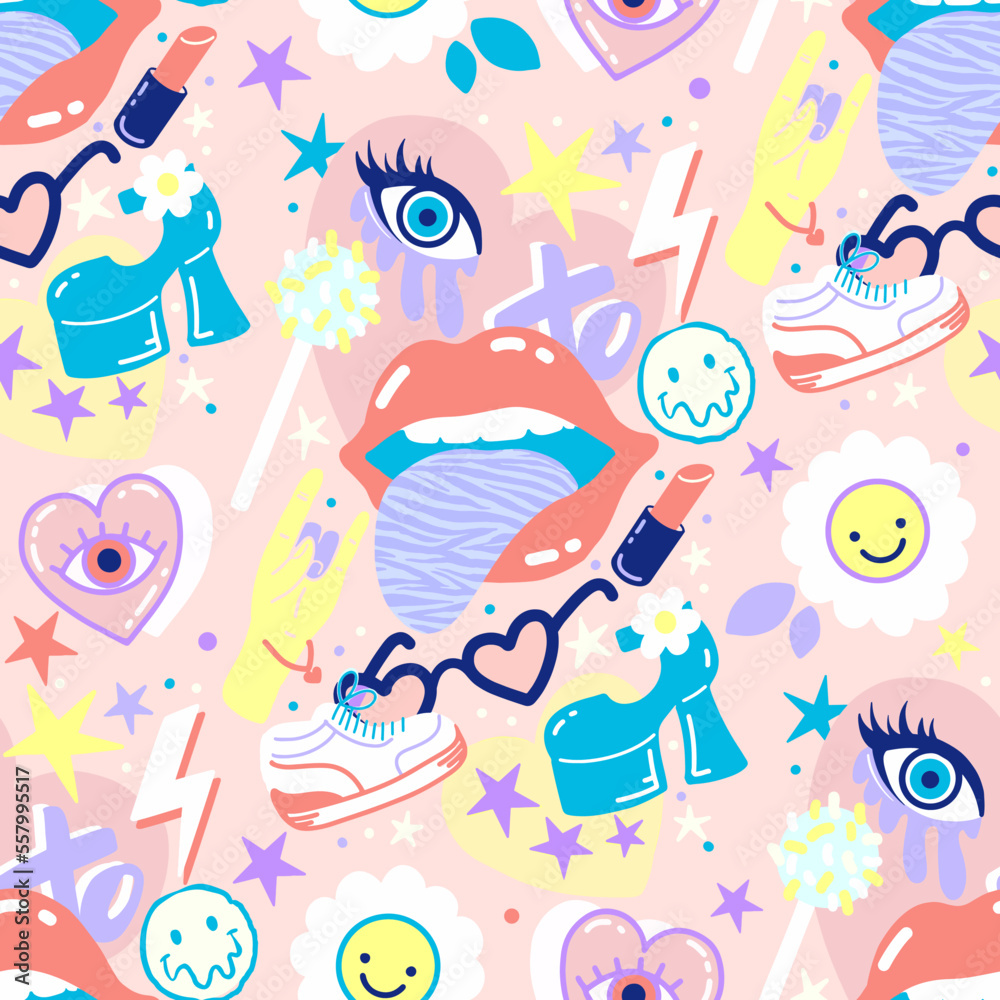 Abstract seamless vector pattern with hand drawn illustrations with preppy aesthetic style
