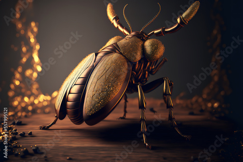 Golden beetle, carved statue on a dark background. Gen Art