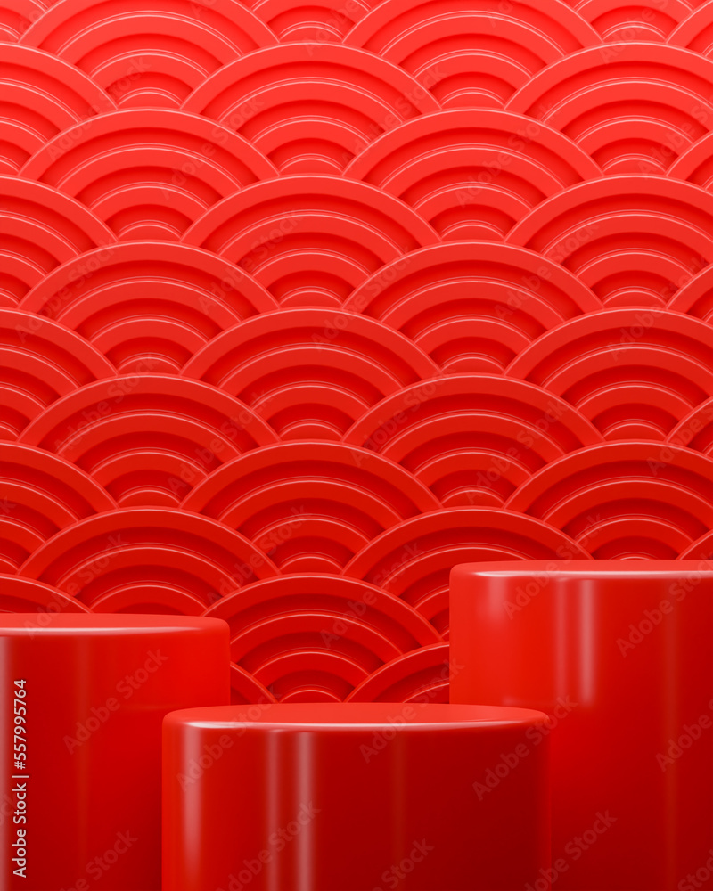Fototapeta premium Red asian style podium pedestal product display abstract background 3d render
