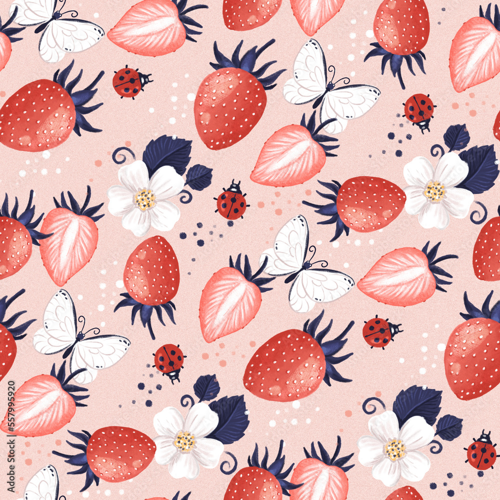 Juicy strawberries and butterflies. Seamless pattern with digital hand drawn illustrations with summer theme
