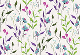 Seamless floral pattern with spring botany. Beautiful flower print, botanical design for tissue paper: hand drawn wild plants, small flowers, leaves on a white background. Vector illustration.
